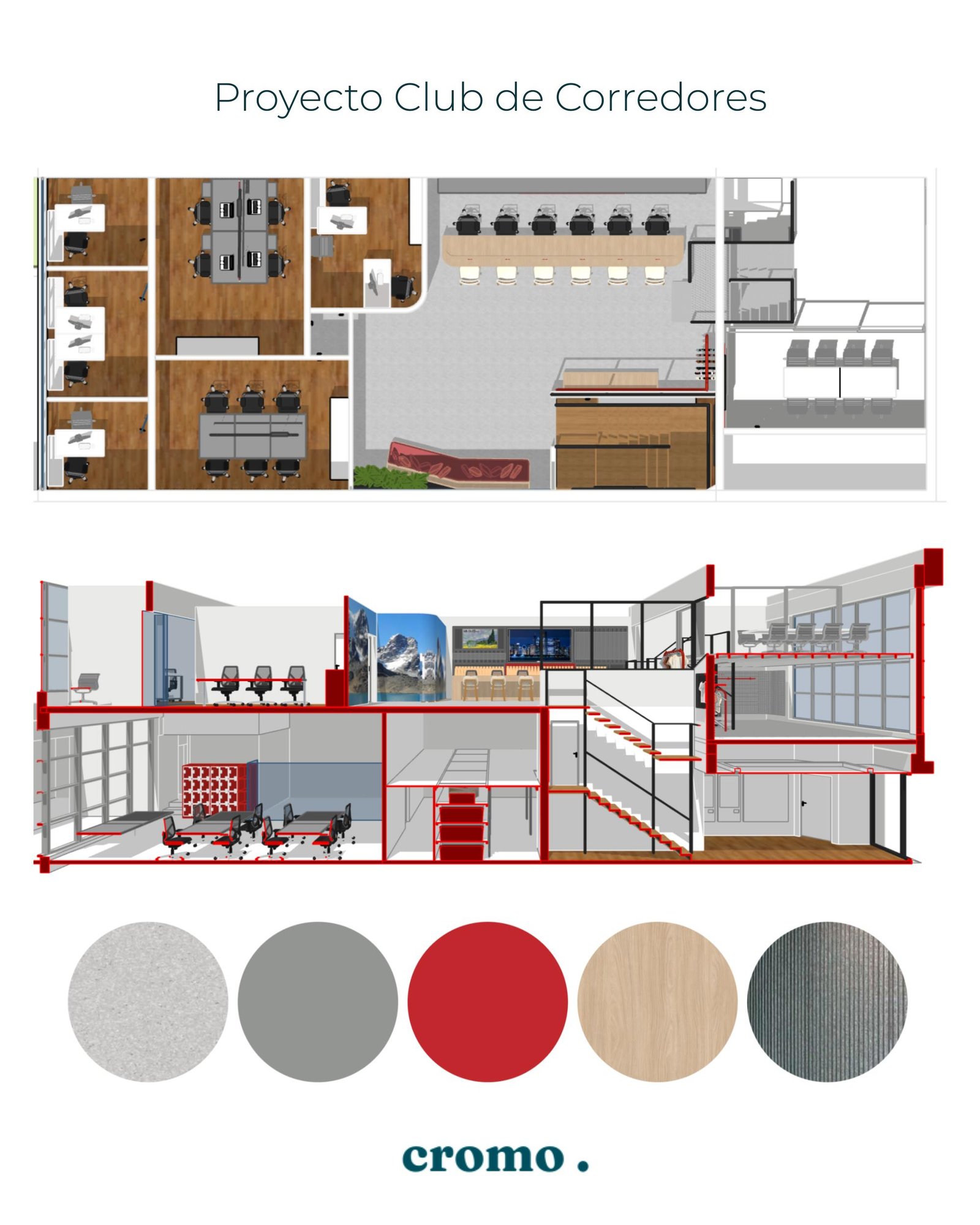 Plano de oficina moderna con escaleras flotantes — proyecto Oficinas CDC, por cromo., en Belgrano